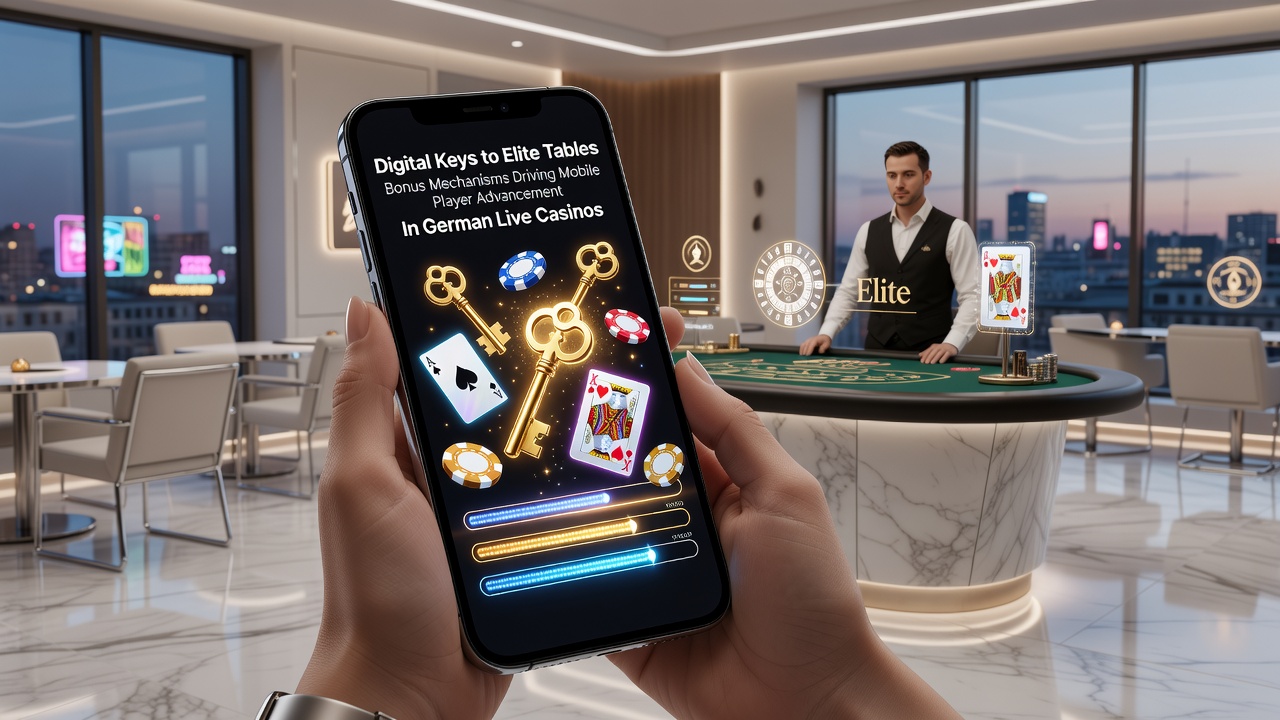 Illustration von digitalen Bonusmechanismen in mobilen Live-Casinos mit Fokus auf Fortschrittswege zu Elite-Tischen
