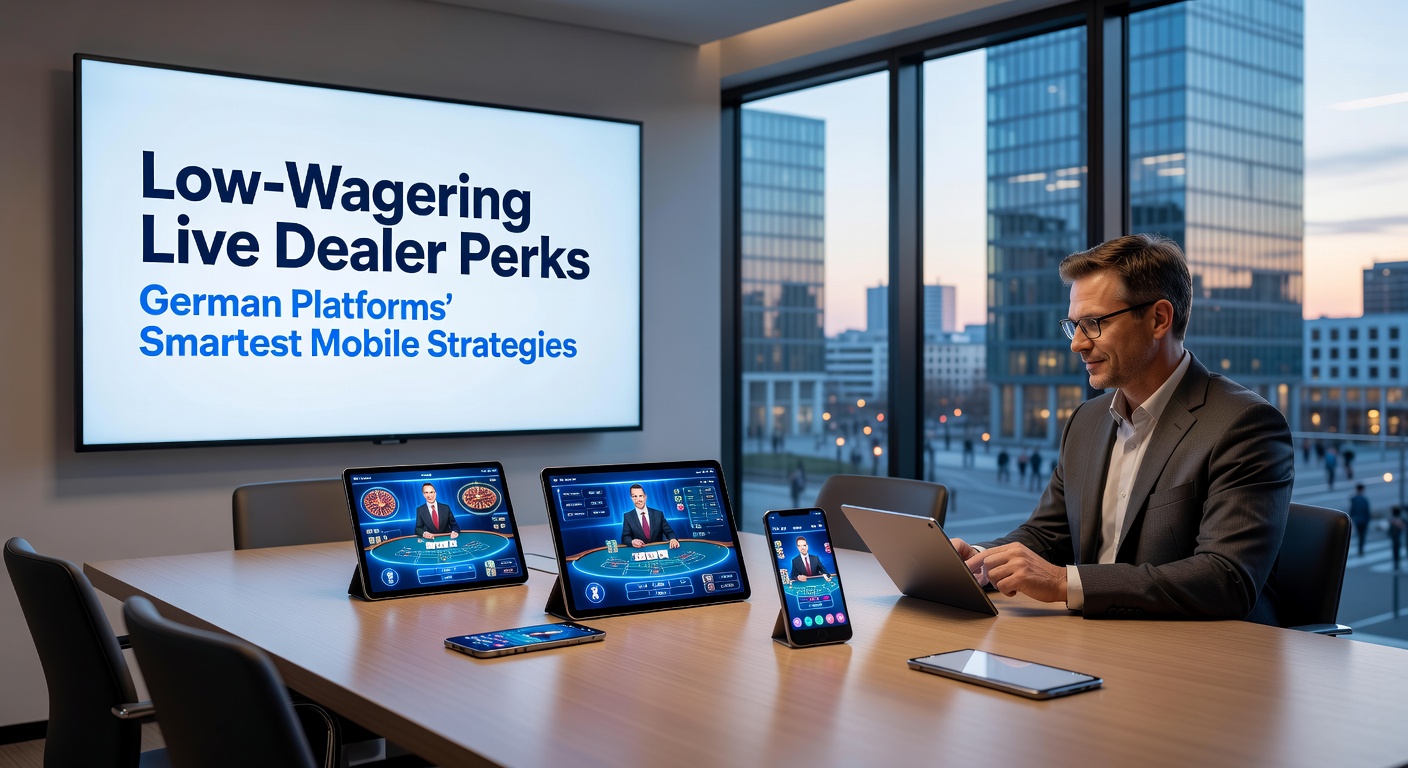 Smartphone mit Live Dealer Blackjack auf einer deutschen Casino-App, umgeben von niedrigen Wager-Symbolen und mobilen Features