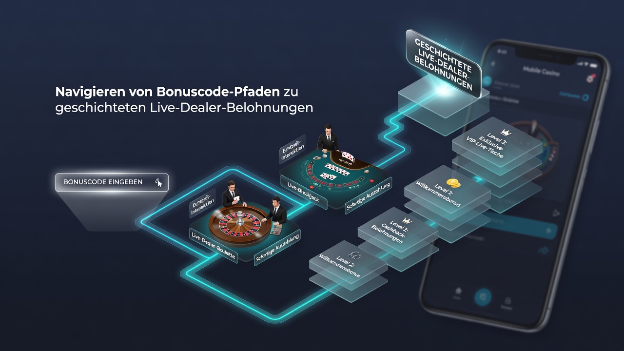 Mobile App-Oberfläche mit gestuften Live-Dealer-Belohnungen und Bonuscode-Pfaden