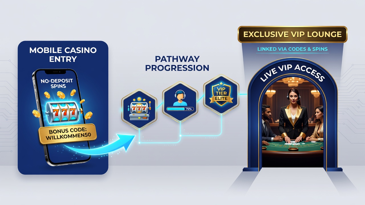 Mobile Casino-Interfaces zeigen Fortschrittsverläufe von No-Deposit-Spins zu VIP-Live-Zugängen