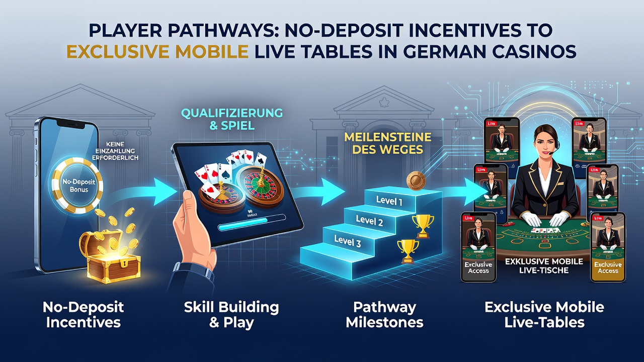 Darstellung mobiler Fortschrittswege von Startboni zu exklusiven Live-Dealer-Tischen
