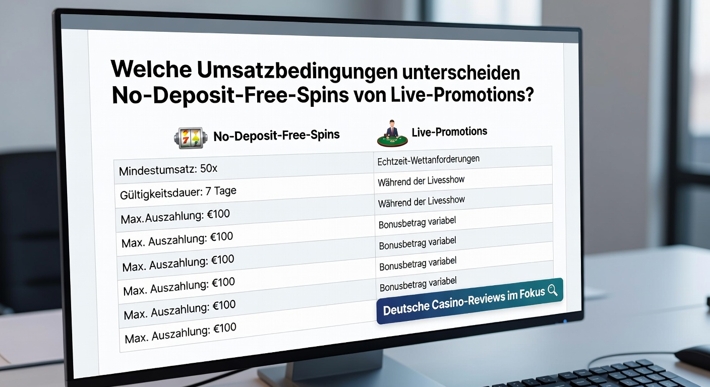 Grafik mit Vergleich von Free-Spins und Live-Promotions bei deutschen Online-Casinos, inklusive Umsatzbedingungen und Boni-Symbolen